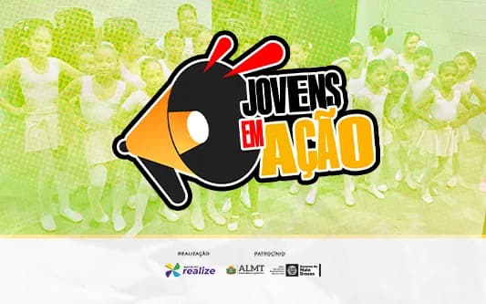 Imagem com a logo do projeto Jovens em Ação e parceiros institucionais. Ao fundo uma imagem editada em transparência de crianças da aulas de ballt em uma pose para fotos